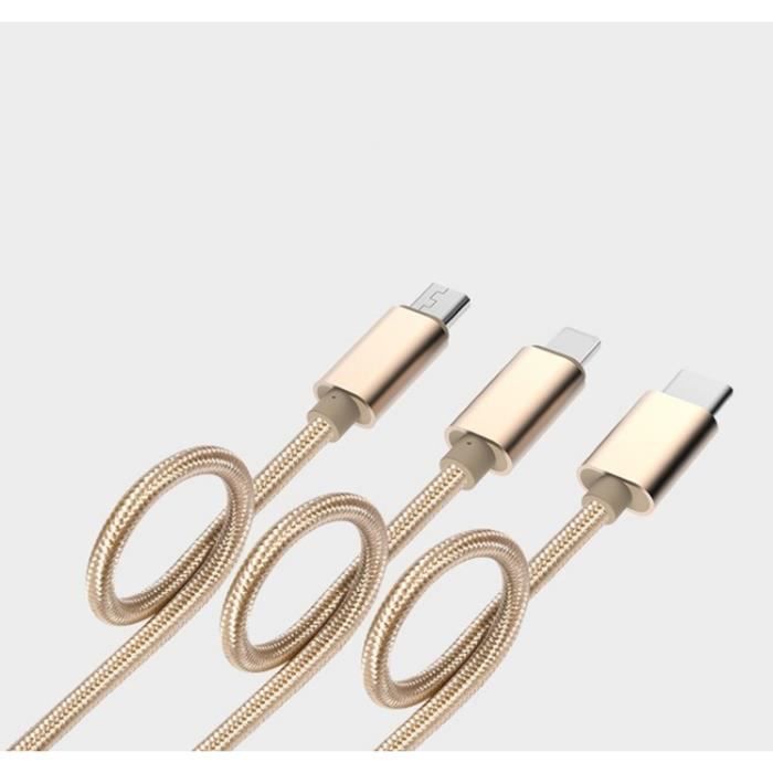 Cable 3 en 1 Pour SONY Xperia XZ2 Compact Android, Apple & Type C Adaptateur Micro USB Lightning 1,5m Metal Nylon (OR)