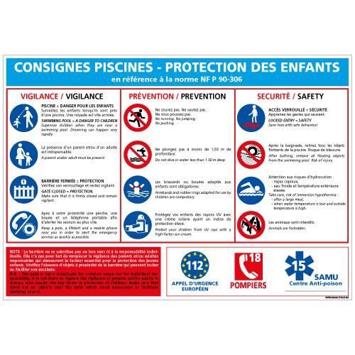 Panneau CONSIGNES PISCINES PROTECTION ENFANTS - PVC 1,5 mm - Adhesif au dos - Dimensions 420x300 mm