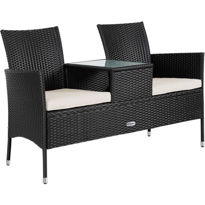 Banc de jardin polyrotin 2 places table plateau coussins salon de jardin meubles extérieurs