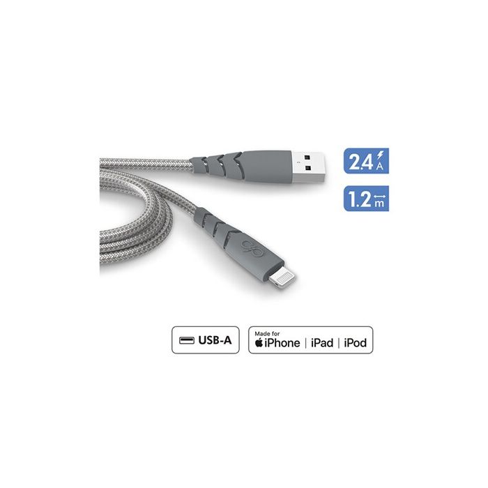 Câble Ultra-renforcé USB A/Lightning 1,2m 2.4A Garanti à vie Gris - 100% Plastique recyclé Force Power
