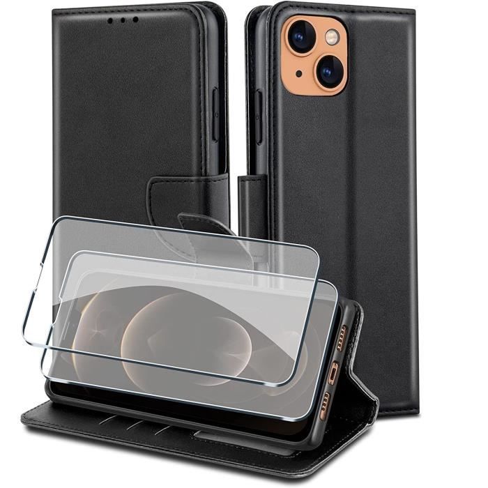 Coque pour iphone 12 mini + 2x Vitre Verre Trempe rabat simili cuir porte cartes noir