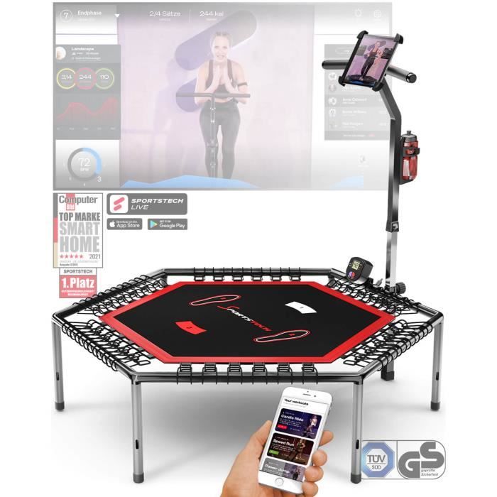 Sportstech HTX100 Trampoline de Fitness Intelligent, connecté avec Appli + Compteur de sauts & Ceinture Cardio, 133 cm, Pliable.