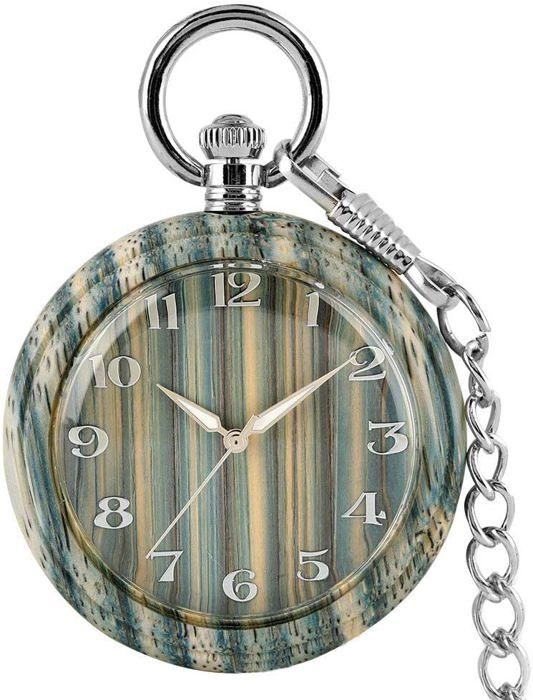 Montre De Poche Vintage En Bois Et Alliage - Chiffres Romains, Verre Transparent - Chaîne Incluse - 5