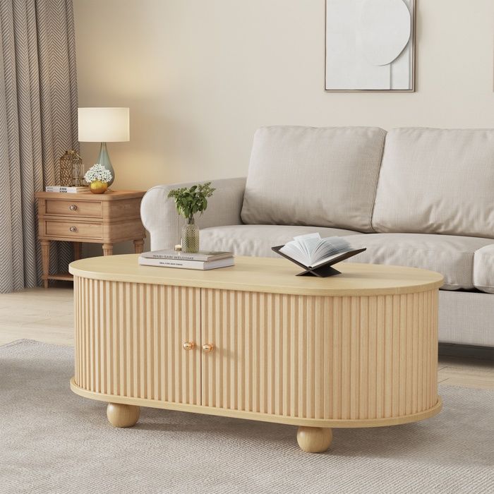 Table basse salon Compartiment Rangement Porte Coulissante 180° Protection Ovale Moderne et Minimaliste 100x50x40cm Bois