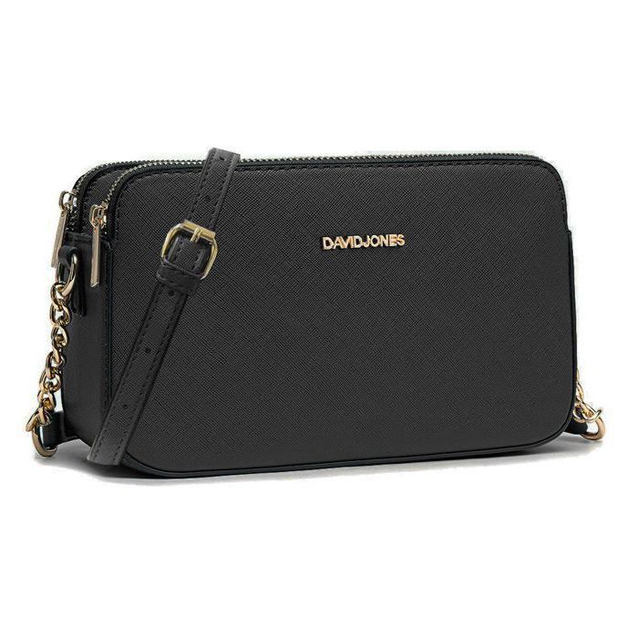 David Jones - Petit Sac Bandoulière Femme - Besace Chaînes Porté Epaule Cuir PU 3 Compartiments - Sacoche Multipoche - Noir