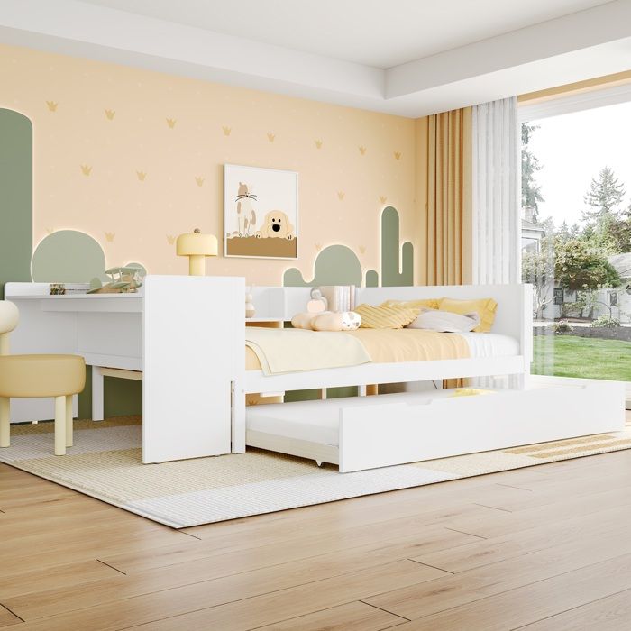 Lit plat 140x200 cm lit en bois massif lit double avec bureau et lit gigogne avec étagères - blanc