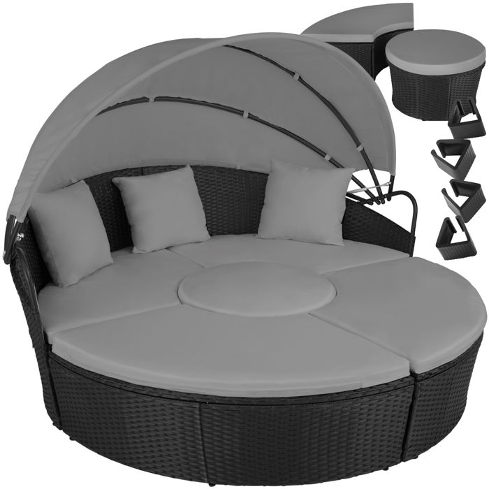 Bain de soleil - TECTAKE - Fauteuil lit de jardin en rotin SANTORIN modulable avec toit pare-soleil pliable et housse incluse - Noir