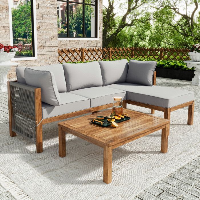 Salon de jardin exterieur Ensemble de 3 en forme de L pieds réglables 2 canapés doubles et 1 table gris clair