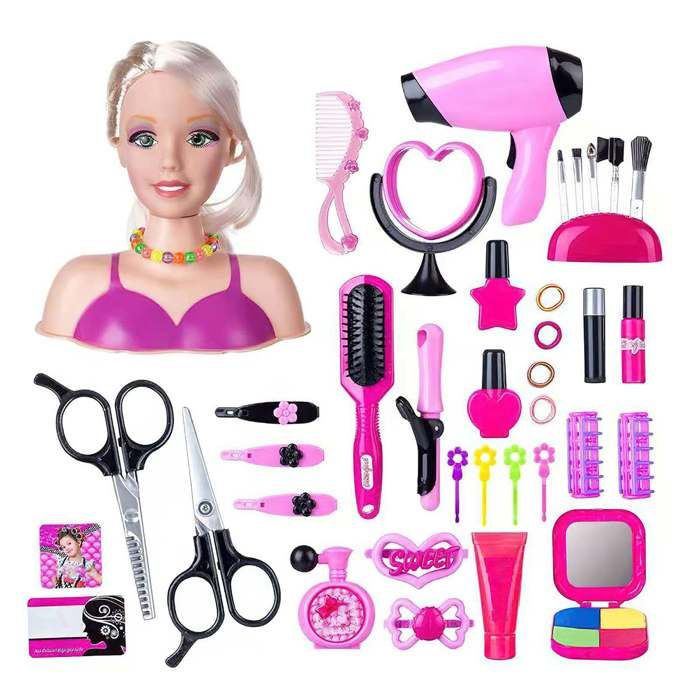 Tête de Poupée de Coiffure 36 pcs Poupées de Tête de Simulation Enfants avec Sèche-cheveux Jeux dapprentissage du Maquillage