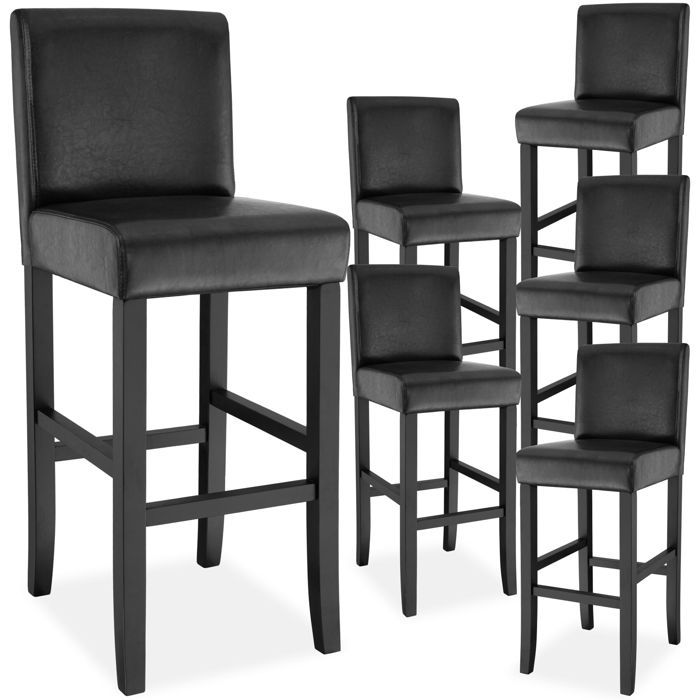 Tabouret de bar - TECTAKE - Lot de 6 tabourets avec pieds en bois massif et repose-pieds hauteur dassise 76 cm - Noir