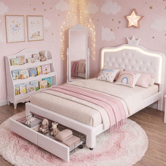 ADWOLT Lit enfant 140x200 cm avec LED tête de lit couronne hauteur réglable cadre de lit rembourré PU tiroir de rangement Blanc