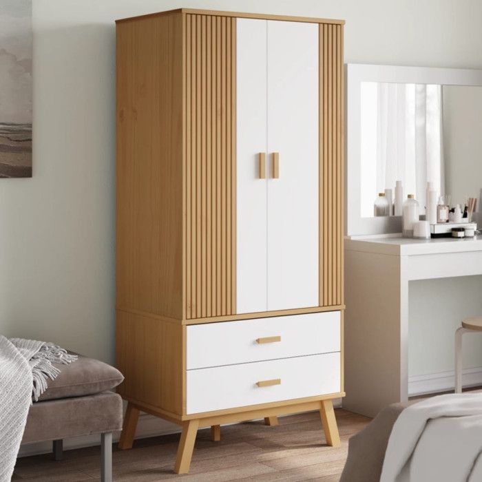 Garde robe OLDEN blanc et marron 765x53x172 cm bois massif pin