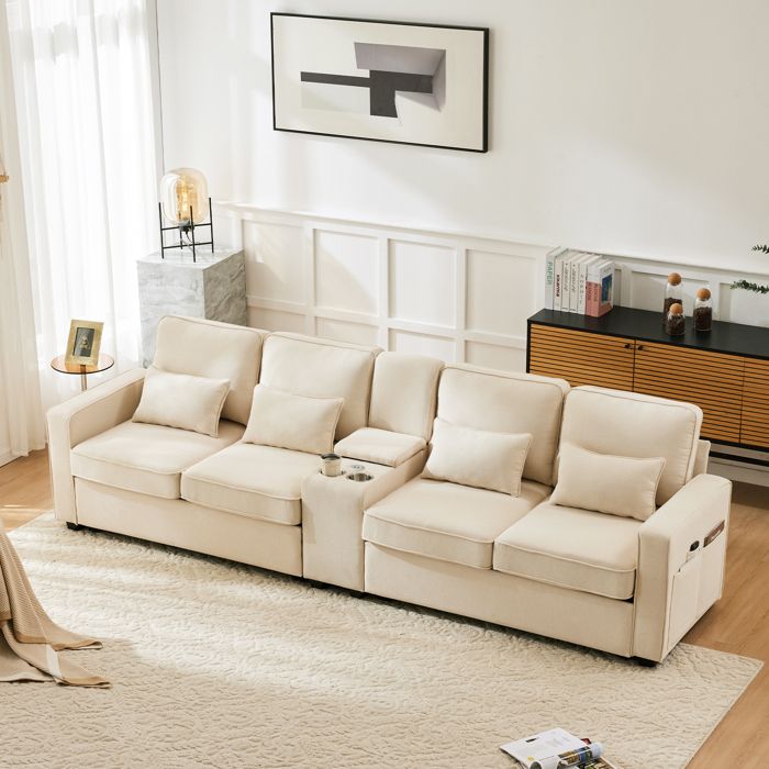 Canapé 4 places en tissu lin avec console 2 porte-gobelets 2 ports USB avec poches daccoudoirs et 4 oreillers Canapé salon Canapé 4 places en tissu lin avec console 2 porte-gobelets 2 ports USB avec poches daccoudoirs et 4 oreillers Canapé salon