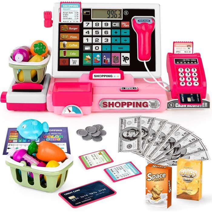 2025 Children's Cash Register Toy Cash Register with Real Calculator for Kids - Toy, Scanner, Credit Card, Gambling Money, Food (Pink