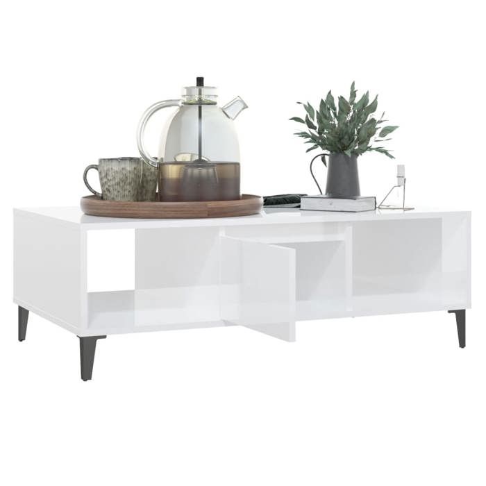 Table basse blanche - MEUBLECHIC - 103 5x60x35 cm - Blanc brillant - Bois dingénierie et métal - Étagères de rangement