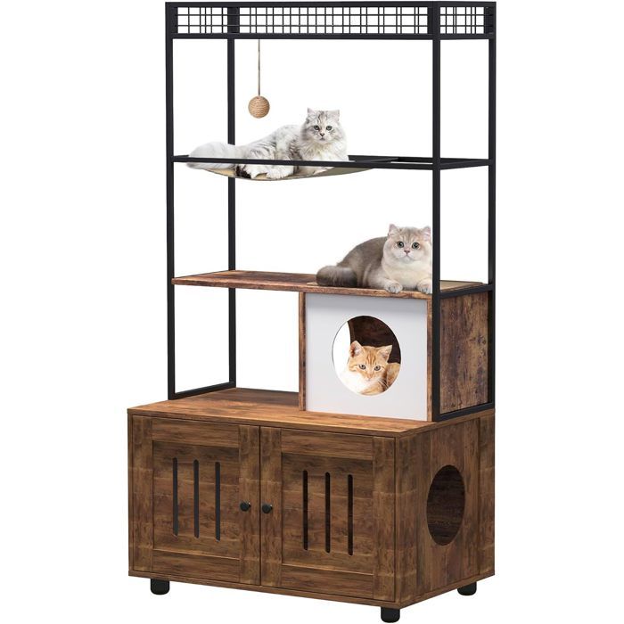 Armoire à litière pour chat - Grand arbre à chat - Cadre en métal - Armoire en bois avec compartiment de rangement 80 x 48 x 152cm