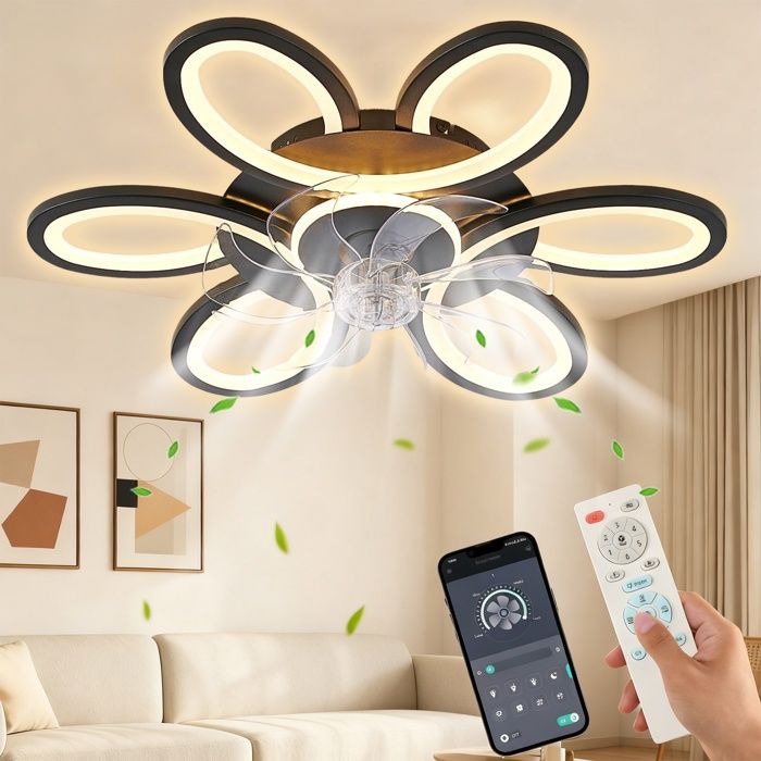 Ventilateur de plafond à LED 6 Vitesse Fan Silencieux avec Dimmable Eclairage 3 Couleurs -Ventilateur télécommande 25 pouces Noir - Pimpimsky