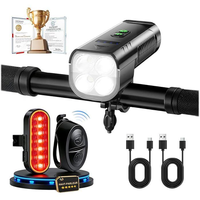 100% Super Lumiere Velo Avant et Arriere: 【Nouvelle Version 130% Plus Lumineuse】 4400mAh Lampe Velo 3+8 Modes Éclairage Noir