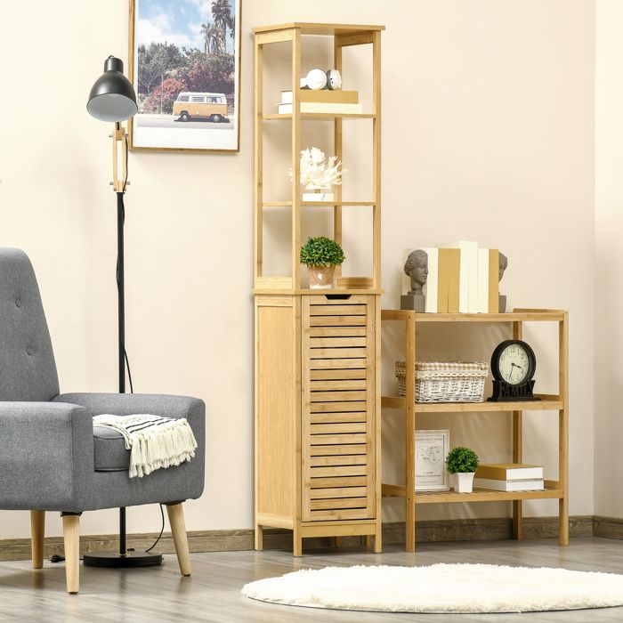 Meuble colonne de salle de bain - AKOZON - 7825 - Bambou - 3 étagères - 1 placard