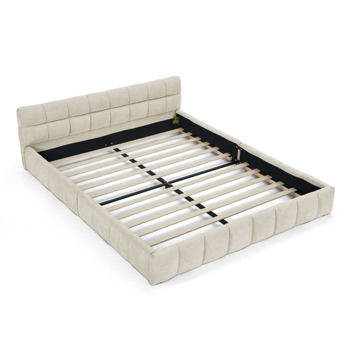 Lit Double 140x200 cm - Lit Capitonné avec Chenille Douce Cadre Bois Eucalyptus Métal - Beige - Sans Matelas