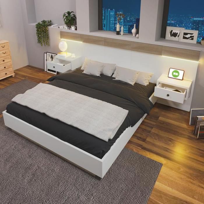 Lit double 180×200 cm avec 2 tables de chevet à LED et prise USB-C Lit adulte avec tete de lit en bois Lit 2 personnes en blanc