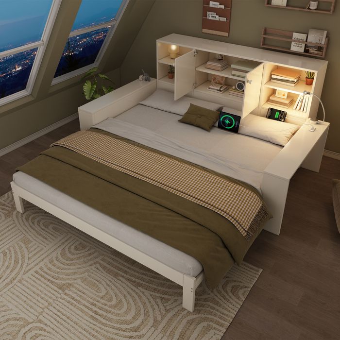 Modenuit Lit gigogne 90/180x200 cm lit enfant 1/2 places avec rangements et ports USB blanc (sans matelas)