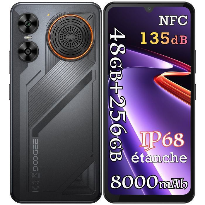 DOOGEE M30 Smartphone 6.88 120Hz 48Go + 256Go 8000mAh Android 16 64MP 135dB IP68 étanche Téléphone 4G Double Sim NFC GPS - Noir