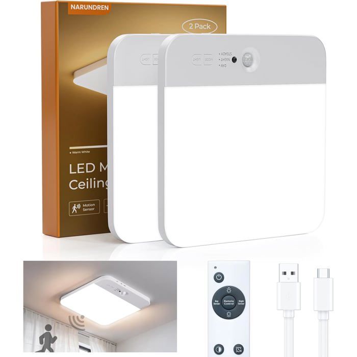 Sans Fil Garage Lampe de Plafonnier Detecteur de Mouvement Interieur Plafond Rechargeable Luminaire Salle de Douche Salle de Ba