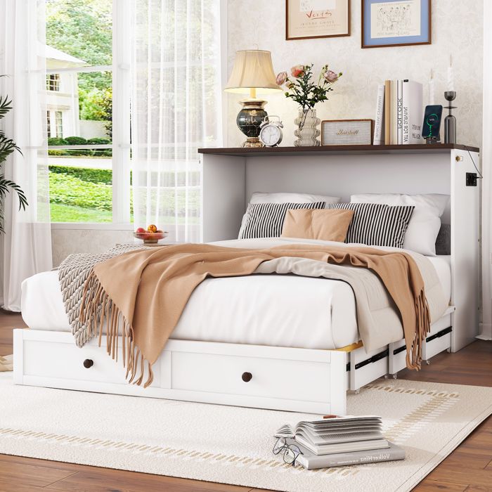 Lit armoire convertible - Dimensions 140x200 cm - Blanc - Bois de pin et MDF - Tiroirs de rangement intégrés