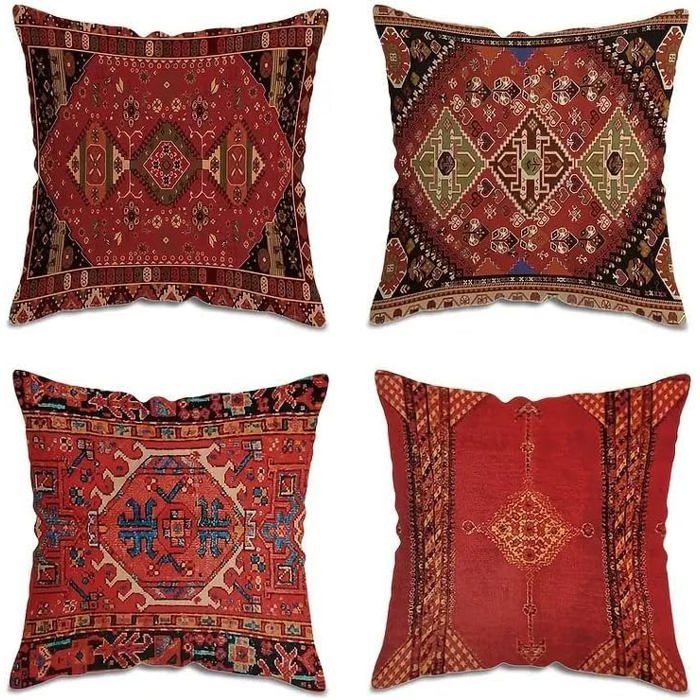 Lot De 4 Housses Coussin Lin Motifs Géométriques Tribaux Colorés 45x45cm Style Oriental Icare Pour Canapé Fauteuil Décoration
