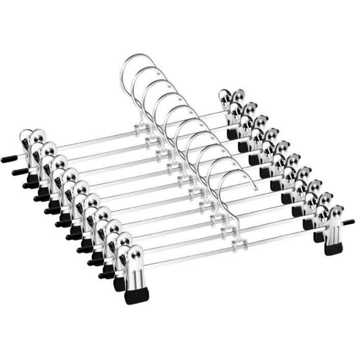 Lot de 10 cintres métal porte-pantalons avec clips antidérapants et crochet pivotant