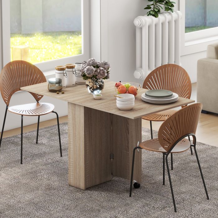 CollaHausse Table à Manger Mobile sur Roulettes 2 Plateaux Rabattables et 2 Étagères 140x80 cm Naturel