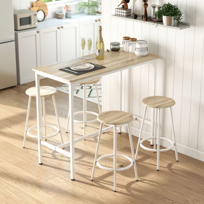 Ensemble table haute et 4 tabourets - Style industriel - Blanc et bois naturel - Structure métal - Gain de place