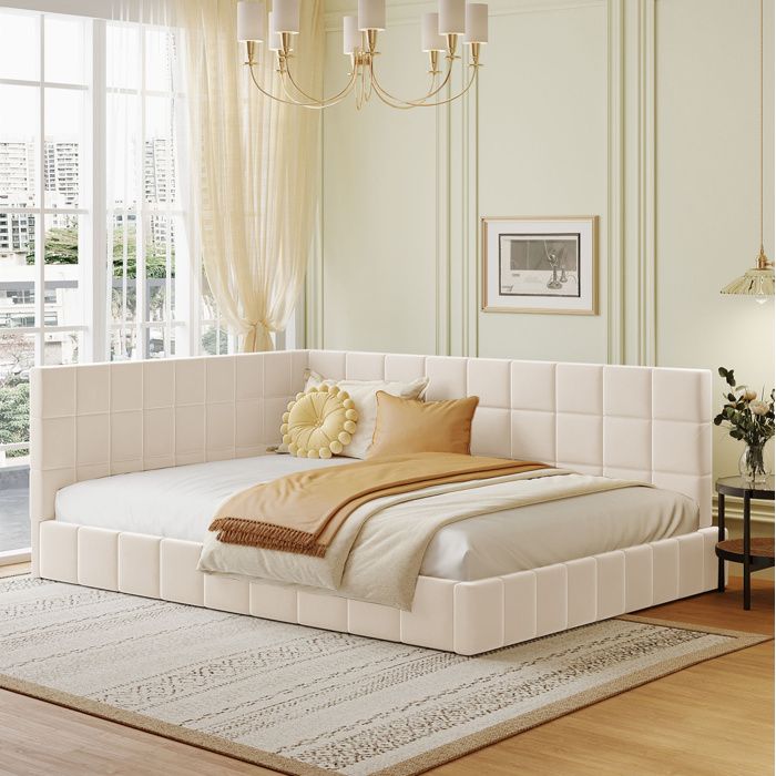 COVREO Lit de jour 140 x 200 cm convertible banquette-lit sommier à lattes inclus velours beige