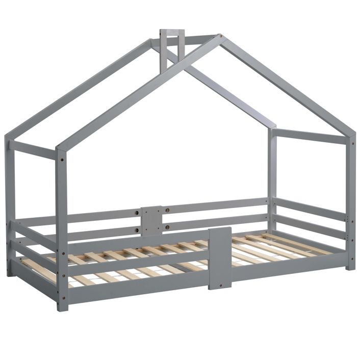 HOMVRA Lit cabane enfant 90 x 200 cm en pin massif avec barrières de sécurité et sommier à lattes gris