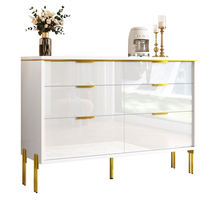 Buffet bahut blanc et or 120 cm avec 6 tiroirs façades brillantes et pieds dorés pour salon ou entrée