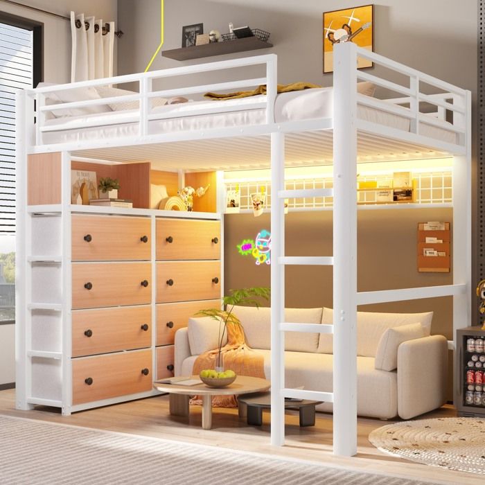 Lit mezzanine enfant 140x200 cm en métal avec 8 tiroirs LED étagères panneau perforé et nombreux rangements sous le lit blanc