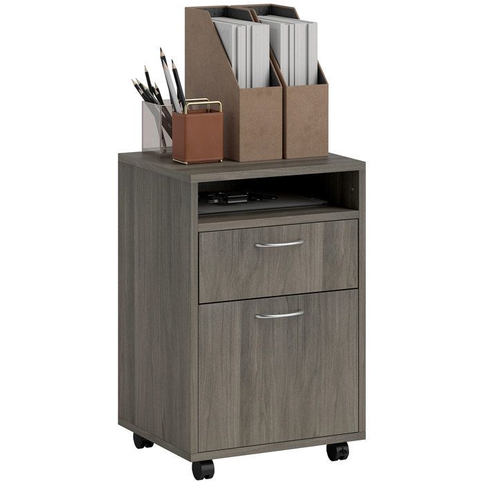 FSX Commode port-documents à 4 roues avec étagère ouverte et tiroirs en bois et métal 40x35x60 cm Gris