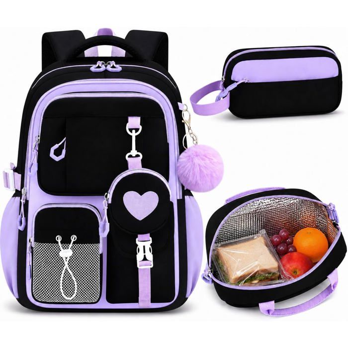 XJYDNCG 3Pcs Cartable Fille Primaire Sac à Dos Scolaire Grande Capacité Étanche Multi‑poches pour Collège Lycée - Noir Violet01