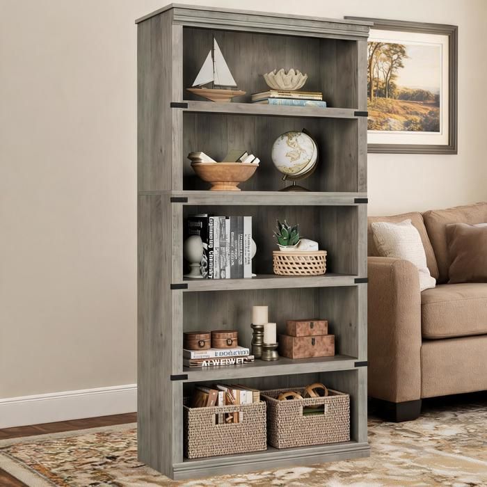 Bibliothèque 5 niveaux avec étagères ouvertes et rangements meuble haut et robuste pour la maison - Gris - 80×32×170cm