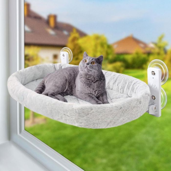 Hamac fenêtre pour chat - Ventouses puissantes jusquà 15kg Housse réversible coton et maille - Fenêtre - Gris 52x30cm