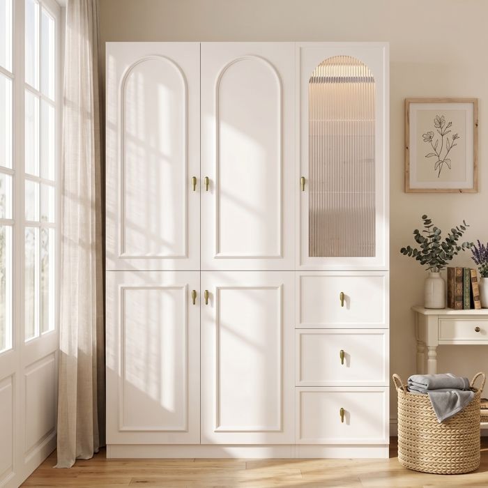 Armoire salon-blanc-135x48x200cm-avec lumière LED-3 tringles à vêtements-3 tiroirs et 5 portes- armoire porte tambour haute moderne