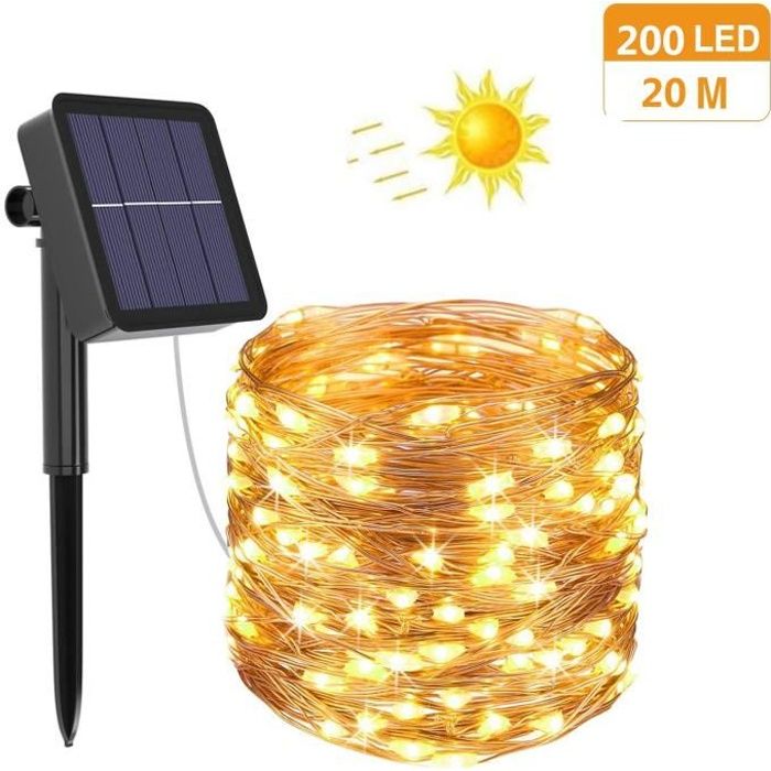 Guirlande Lumineuse Exterieur Solair 20m 200LED 8 Modes /Étanche Guirlande Guinguette Solaire Exterieure /Étanche Fil de Cuivre pour la D/écoration Chambre Jardin Patio Mariage Soir/ée F/ête No/ël