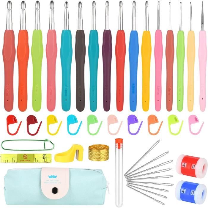 Kit Crochet Débutant 73 Pièces - 14 Aiguilles Avec Manches Ergonomiques + Accessoires Mercerie - Cadeau Création Violet