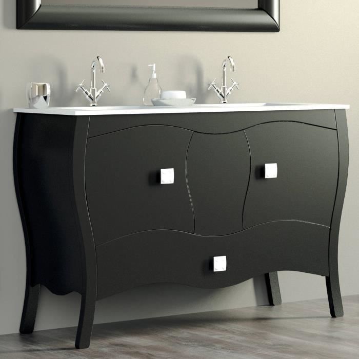 Meuble 120 Cm Noir 2 Portes 1 Tiroir Double Vasque Ceramique