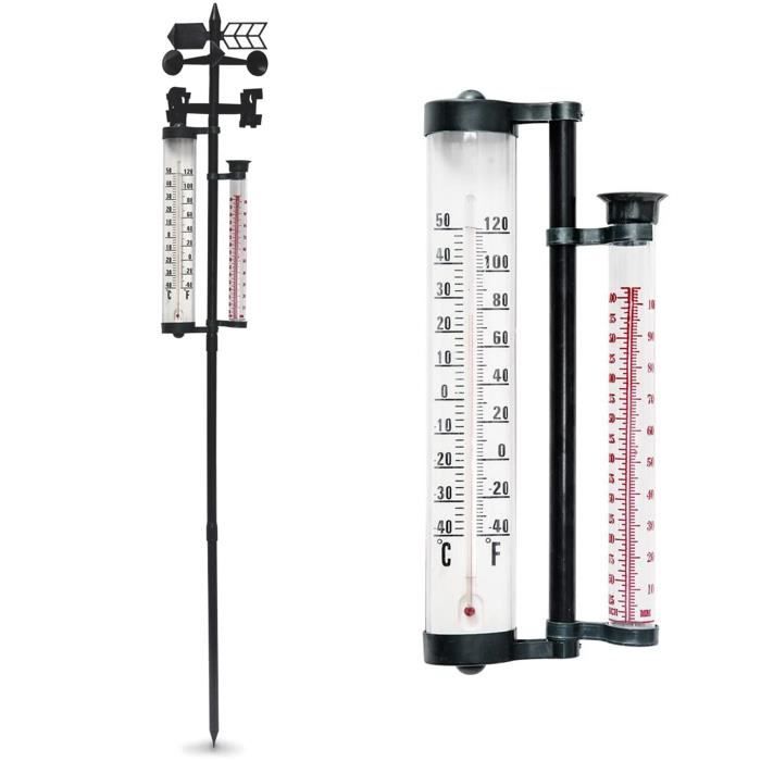 Grand Thermomètre de Jardin - Pluviomètre et Girouette Direction du Vent - 145 cm