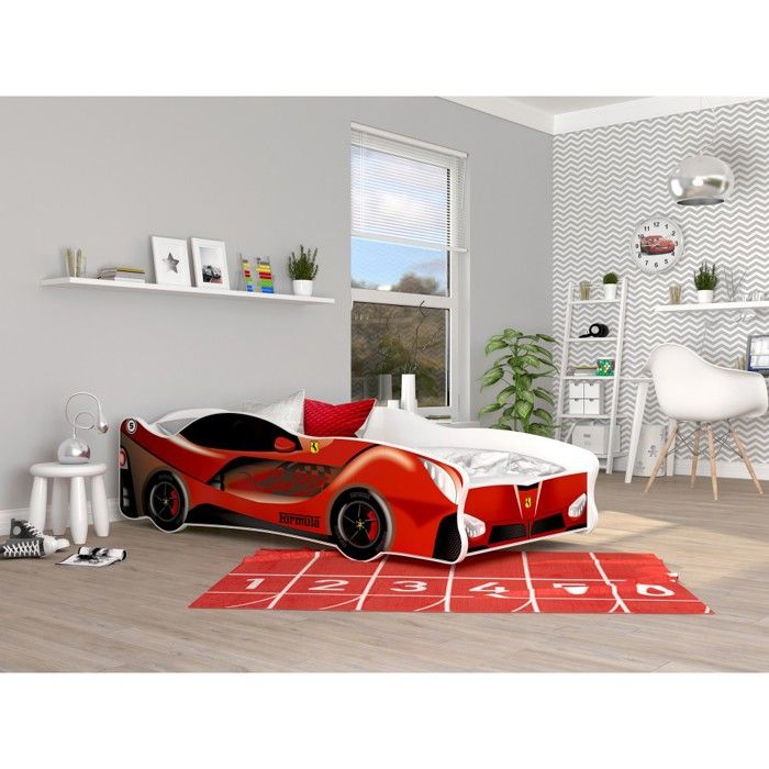 Lit Enfant Voiture 80x160 Ferrari Th&egrave;me Livr&eacute; avec sommiers et matelas en mousse de 7cm