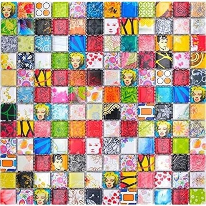 Bordure Mosaïque Rétro En Céramique - Motif Pop Art Multicolore - Réf. WB18DBOR-1605 - Pour Salle De Bain/cuisine
