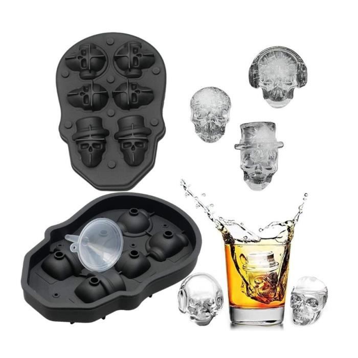 Moule à Glaçons Tête De Mort Halloween - Lot De 4 En Silicone - Résiste -40°C à +230°C - Passe Lave-vaisselle - Avec Entonnoir