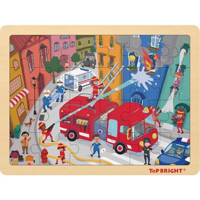 Puzzle éducatif en bois pour enfants, jeu 2 en 1 sur le thème des pompiers